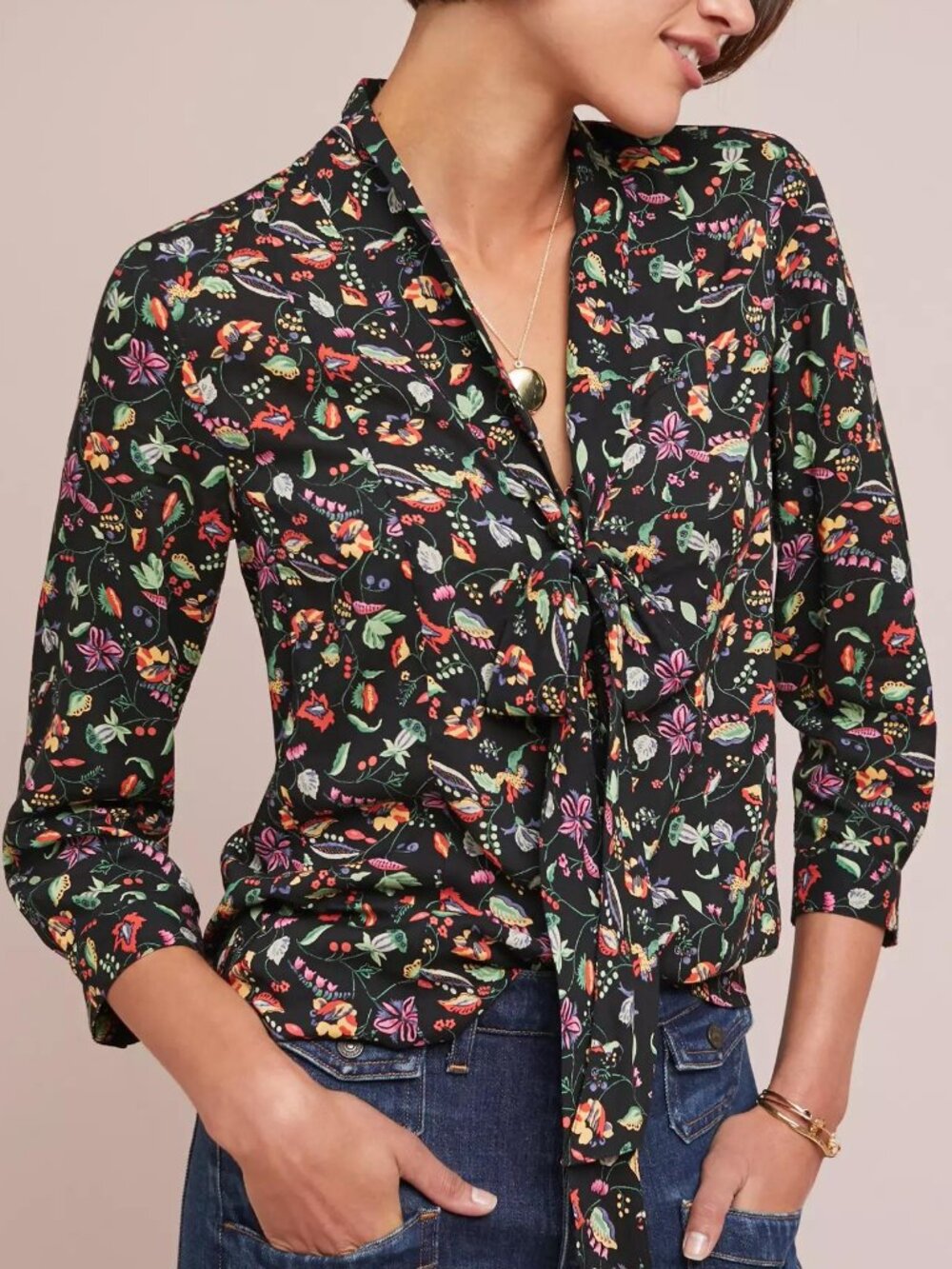 52 Conversations by Anthropologie Colloquial Neck-Tie Blouse animal illustration